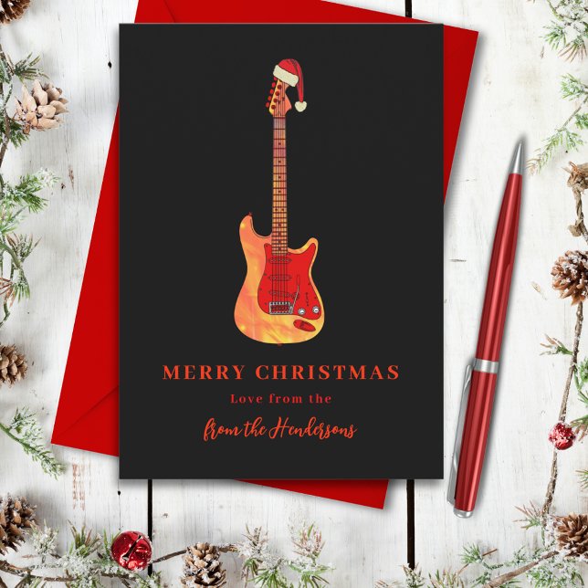 Merry Christmas Electric Guitar Feiertagskarte (Merry Christmas Music themed stylish guitar personalized black and red holidays greetings card)