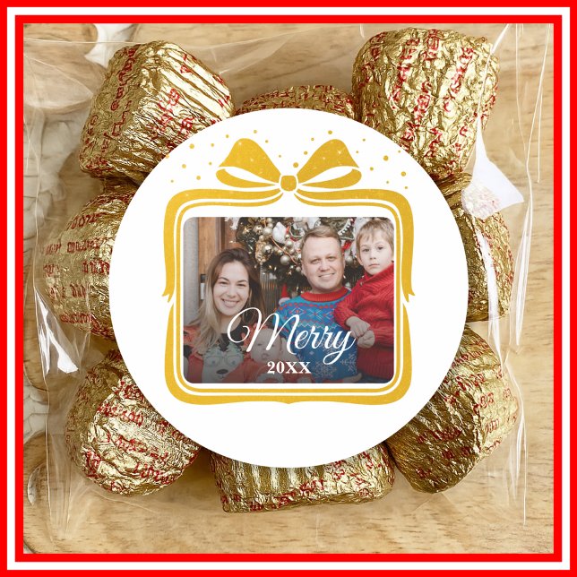  Merry Christmas Elegant Bow Present Photo Collage Runder Aufkleber (Von Creator hochgeladen)