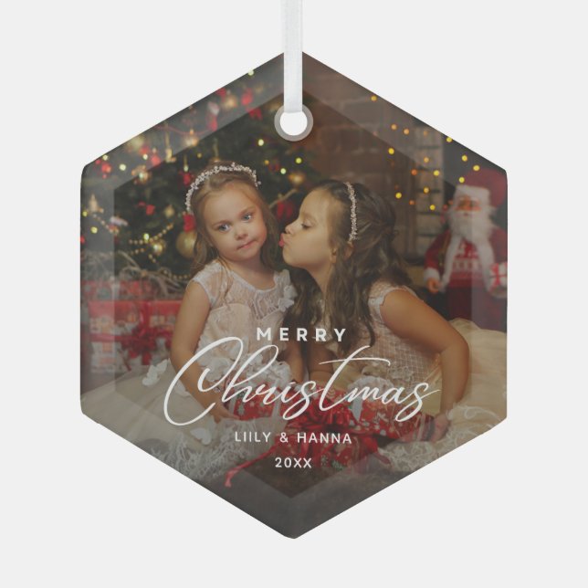 Merry Christmas Elegant Script Family Photo Ornament Aus Glas (Vorderseite)