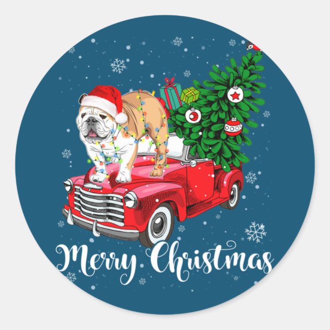 Merry Christmas English Bulldog Santa Red Truck Xm Runder Aufkleber (Vorderseite)