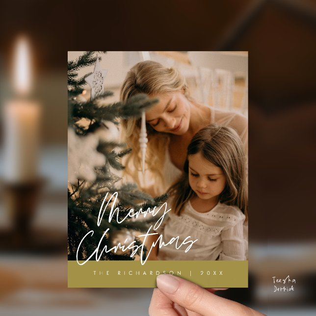 Merry Christmas Family Photo Elegant Typography Postkarte (Merry Christmas Family Photo Elegant Cute Typography Postcard in Yellow Gold Theme)