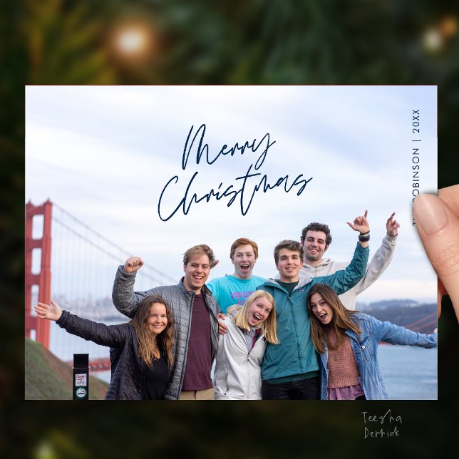 Merry Christmas Family Photo, Modern Minimal Postkarte (Merry Christmas Family Photo, Modern Minimal Postcard in Navy Blue theme)