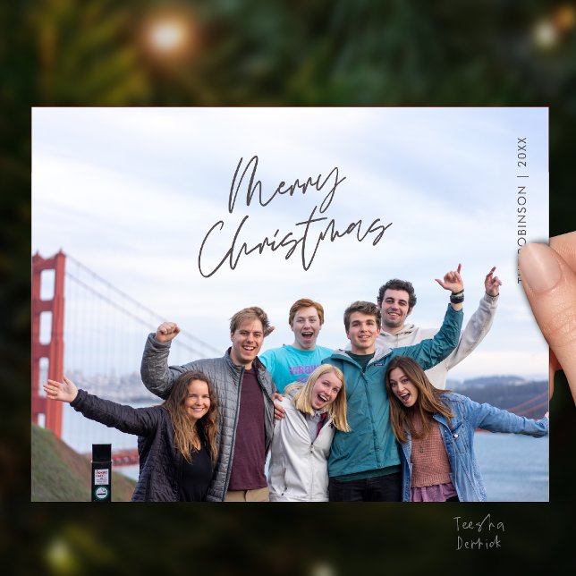 Merry Christmas Family Photo, Modern Minimal Postkarte (Merry Christmas Family Photo, Modern Minimal Postcard in charcoal grey theme)