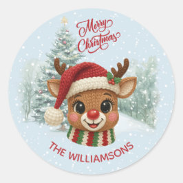 Merry Christmas Faux Crochet Reindeer Snow Runder Aufkleber