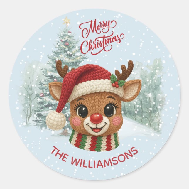Merry Christmas Faux Crochet Reindeer Snow Runder Aufkleber (Vorderseite)