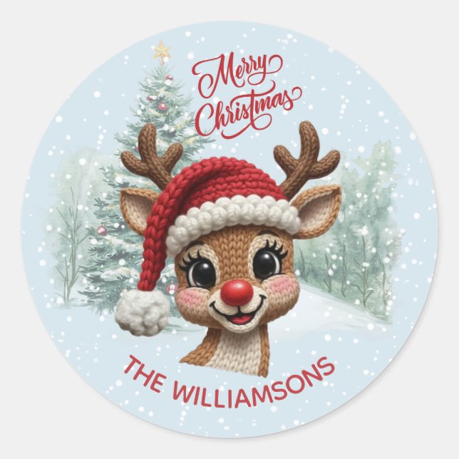 Merry Christmas Faux Crochet Reindeer Snow Runder Aufkleber (Vorderseite)