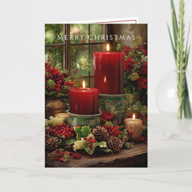 Merry Christmas  Fireplace Red Candles Pine Cones Karte (Vorderseite)