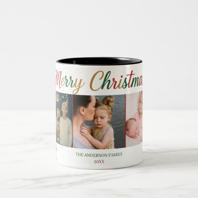 Merry Christmas Five Photo Mug – Custom Holiday Zweifarbige Tasse (Mittel)