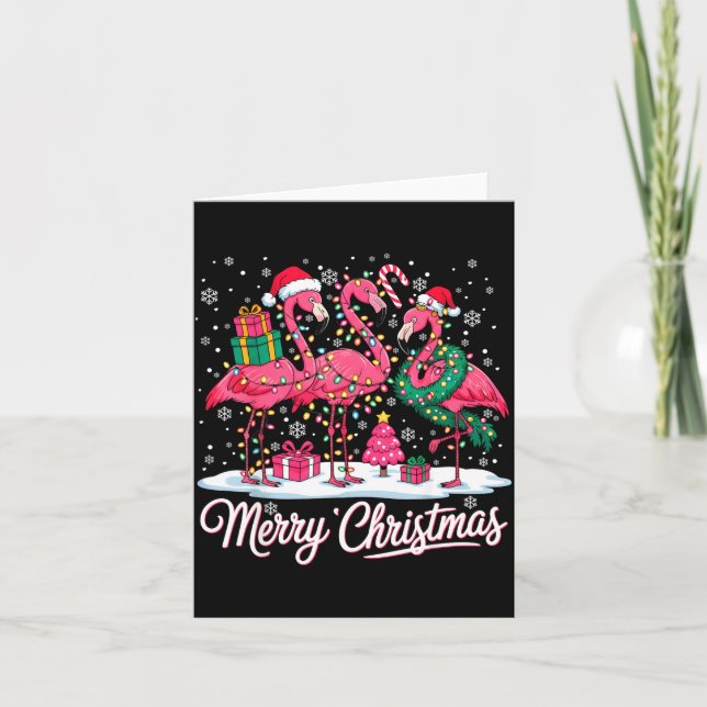 Merry Christmas Flamingo Lights Santa Hat Snow Xma Karte (Vorderseite)