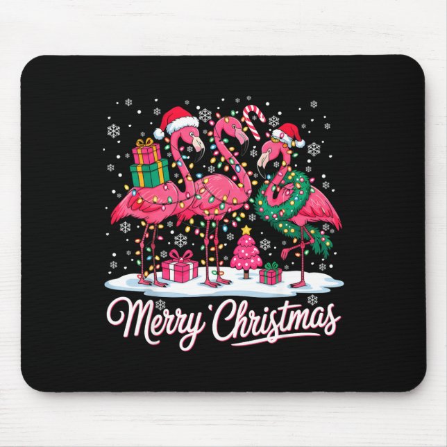 Merry Christmas Flamingo Lights Santa Hat Snow Xma Mousepad (Vorne)