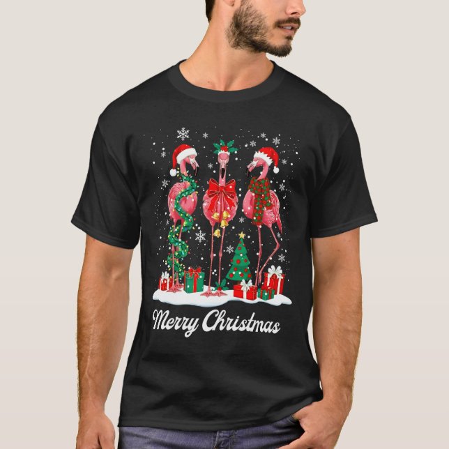 Merry Christmas Flamingo Santa Hat Christmas Light T-Shirt (Vorderseite)