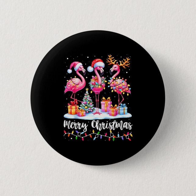Merry Christmas Flamingo Santa Hat Xmas Pajamas Ho Button (Vorderseite)