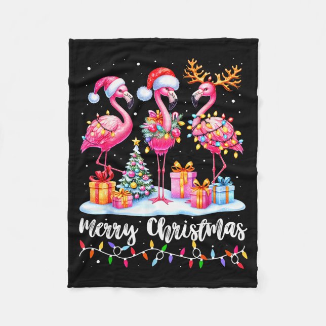 Merry Christmas Flamingo Santa Hat Xmas Pajamas Ho Fleecedecke (Vorderseite)