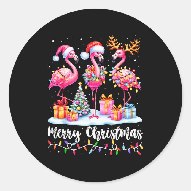 Merry Christmas Flamingo Santa Hat Xmas Pajamas Ho Runder Aufkleber (Vorderseite)