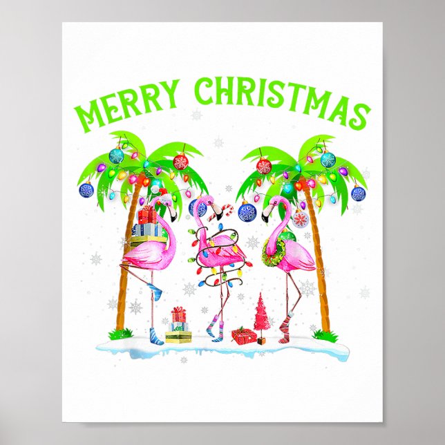 Merry Christmas Flamingo Xmas Palm Tree Light Trop Poster (Vorne)