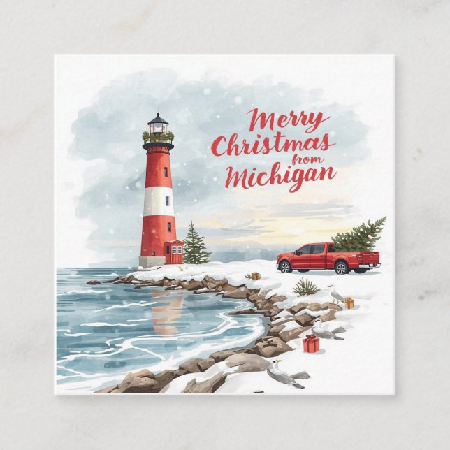 Merry Christmas from Michigan – Coastal Lighthouse Quadratische Visitenkarte (Vorderseite)