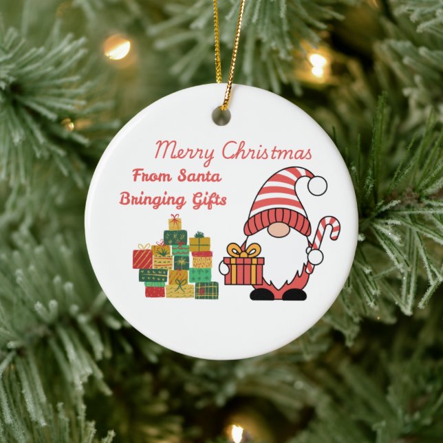 Merry Christmas From Santa Bringing Gifts on a  Keramik Ornament (Baum)