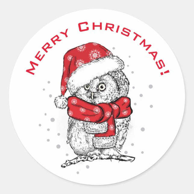 MERRY CHRISTMAS FUN OWL Classic Round Sticker (Vorderseite)