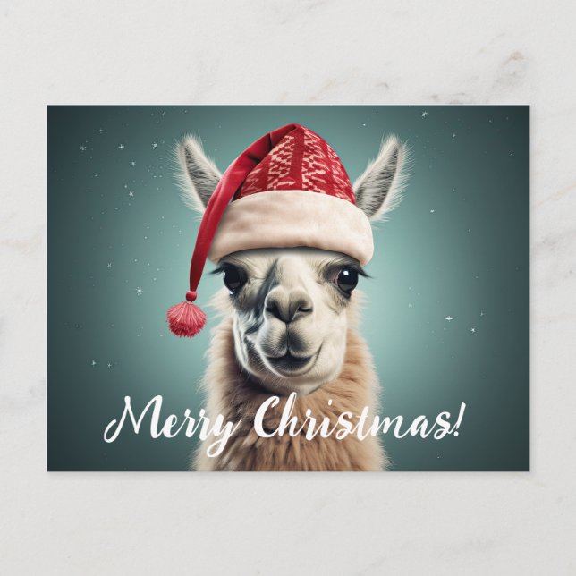 Merry Christmas Funny Cute Lllama Alpaca Santa Hat Feiertagspostkarte (Vorderseite)
