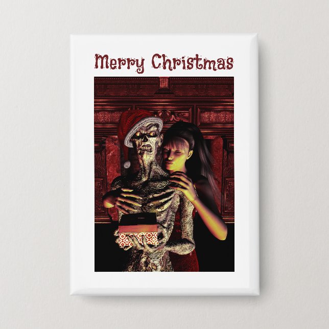Merry Christmas. Funny skeleton with woman Button (Vorderseite)