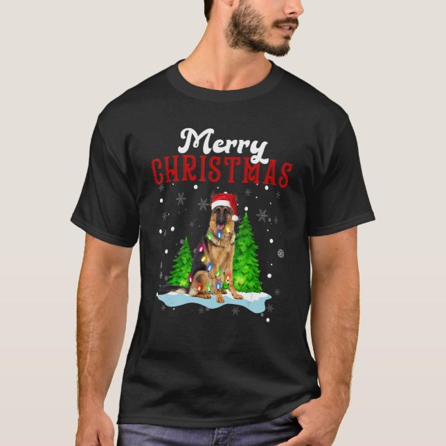 Merry Christmas German Shepherd Tree Lights Dog T-Shirt (Vorderseite)