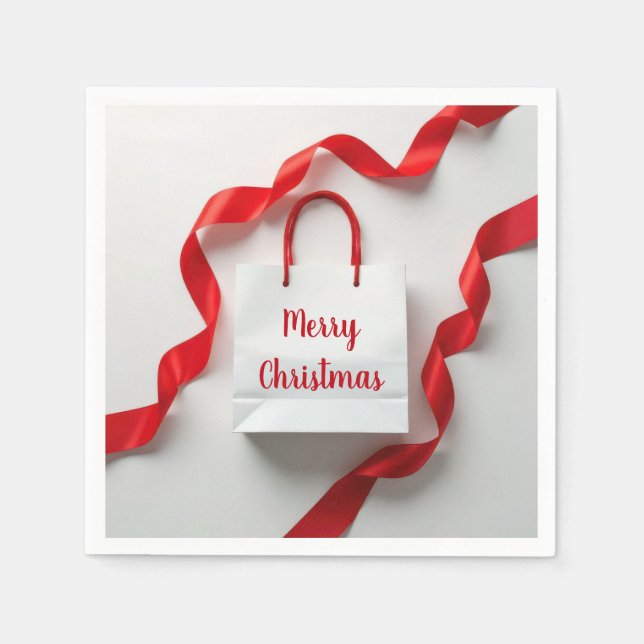 Merry Christmas Gift Bag With Red Ribbons Serviette (Vorderseite)