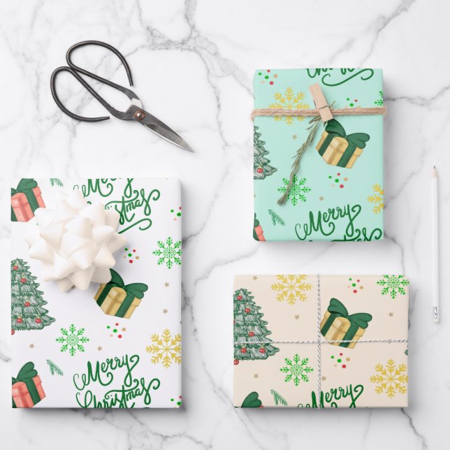 Merry Christmas Gift–Festive Tree & Present  Geschenkpapier Set (Vorderseite)