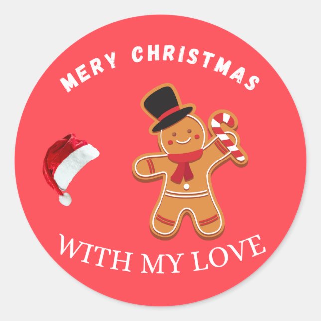 Merry Christmas Gingerbread Man with Santa Hat Vec Runder Aufkleber (Vorderseite)