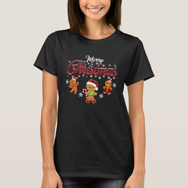 Merry Christmas Gingerbread Xmas Red Plaid Cookie  T-Shirt (Vorderseite)