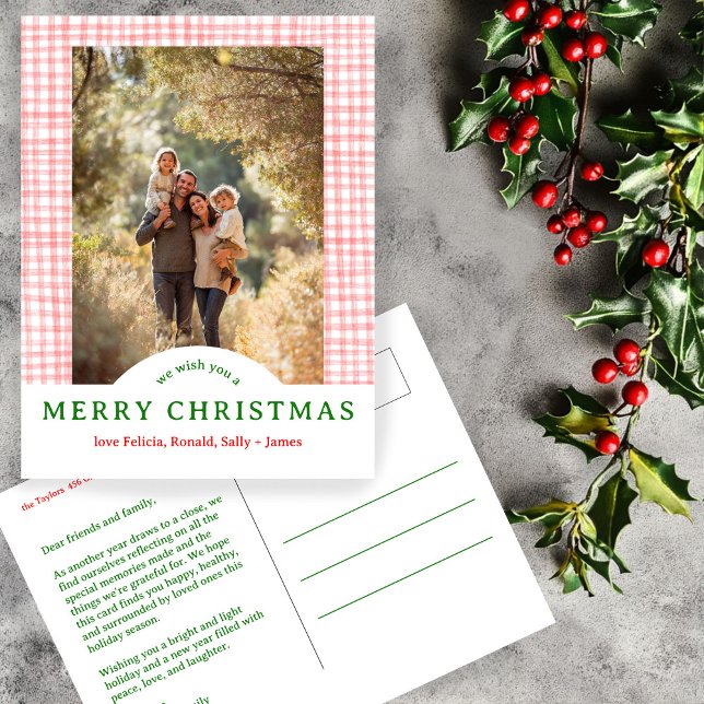 MERRY CHRISTMAS Gingham Holiday CUSTOM FOTO Postkarte (MERRY CHRISTMAS Gingham Holiday CUSTOM PHOTO Postcard
)