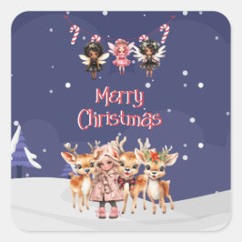 Merry Christmas Girl Reindeer Candy Cane Fairies Quadratischer Aufkleber