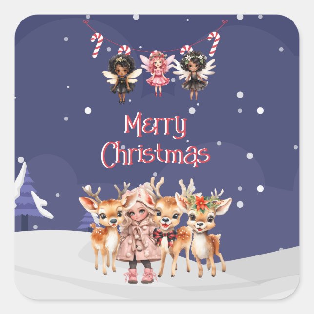 Merry Christmas Girl Reindeer Candy Cane Fairies Quadratischer Aufkleber (Vorderseite)