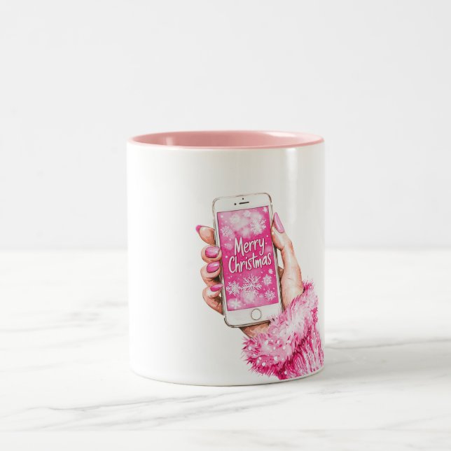 Merry Christmas Girly Glam Pink Nails  Zweifarbige Tasse (Mittel)