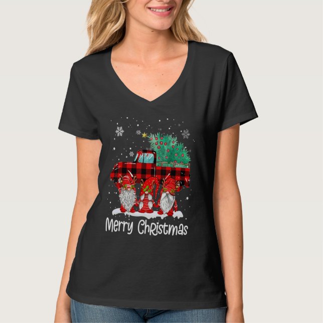Merry Christmas Gnomes Santa Reindeer Plaid Truck  T-Shirt (Vorderseite)