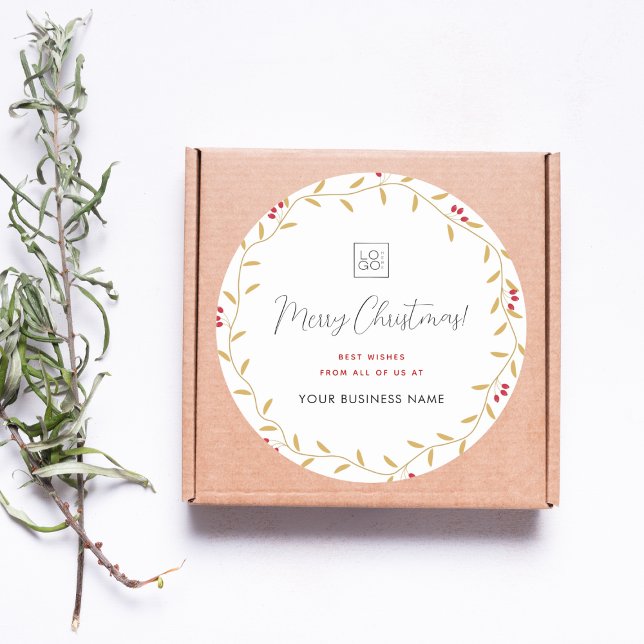 Merry Christmas Gold Wreath Custom Company Logo Runder Aufkleber (Von Creator hochgeladen)
