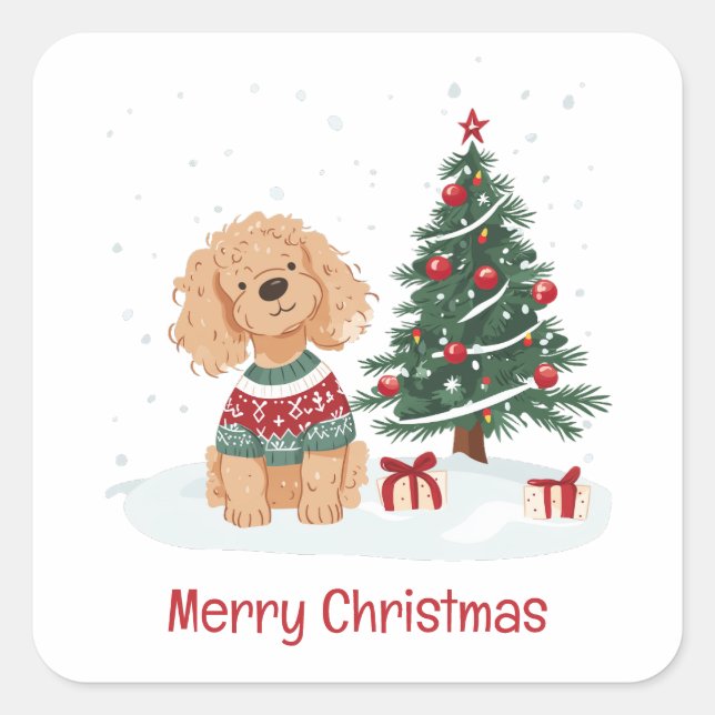 Merry Christmas Goldendoodle Dog Quadratischer Aufkleber (Vorderseite)