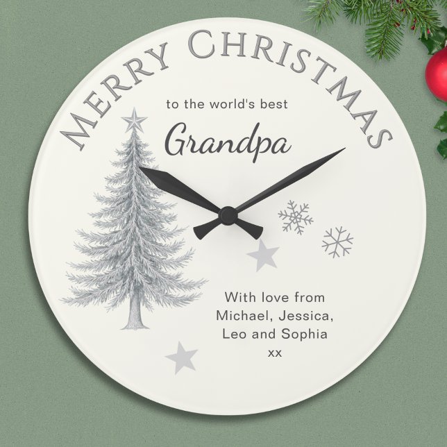 Merry Christmas Grandpa Cream Keepsake Große Wanduhr (A Christmas clock for the 'world's best Grandpa', with tree, snowflakes, stars and your own message)