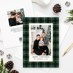 Merry Christmas Green and Gold Tartan Plaid Photo Folien Feiertagskarte
