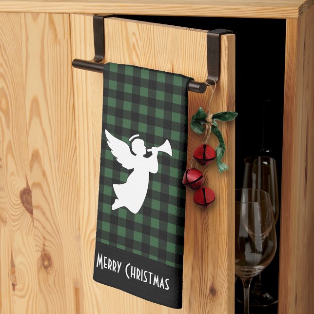 Merry Christmas Green & Black Buffalo Plaid Angel Geschirrtuch (Von Creator hochgeladen)