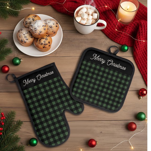 Merry Christmas Green & Black Buffalo Plaid Ofenhandschuh & Topflappen-Set (Von Creator hochgeladen)