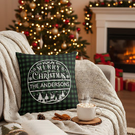 Merry Christmas Green & Black Plaid Custom Name Kissen