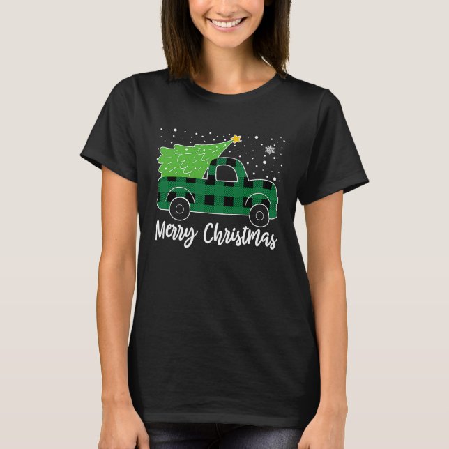 Merry Christmas Green Buffalo Plaid Truck Tree Men T-Shirt (Vorderseite)