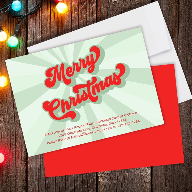 Merry Christmas Green Red Fun Retro Typography  Einladung (Merry Christmas Whimsical retro style typography invitation. )