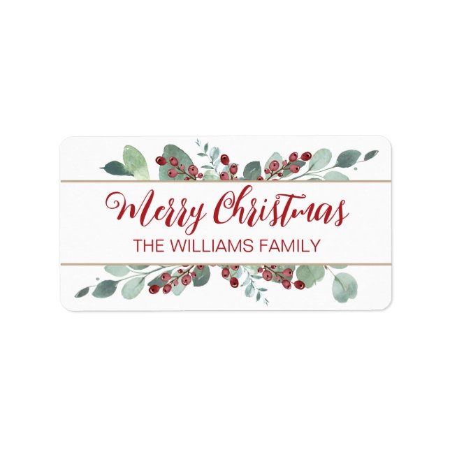 Merry Christmas Greenery CranBerries Gold Label Adressaufkleber (Vorne)