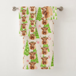 Merry Christmas Greenery Highland Miniature Cow Badhandtuch Set