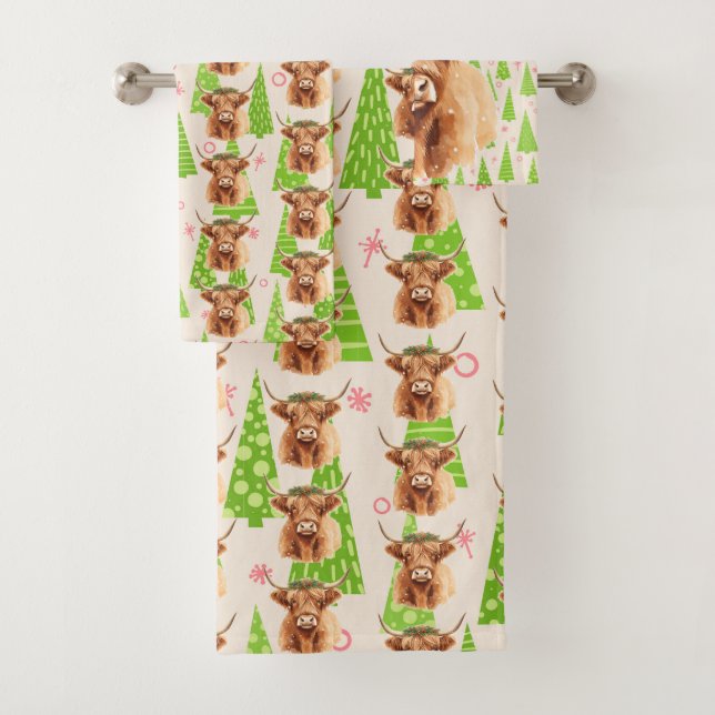 Merry Christmas Greenery Highland Miniature Cow Badhandtuch Set (Insitu)