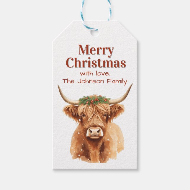 Merry Christmas Greenery Highland Miniature Cow Geschenkanhänger (Vorderseite)