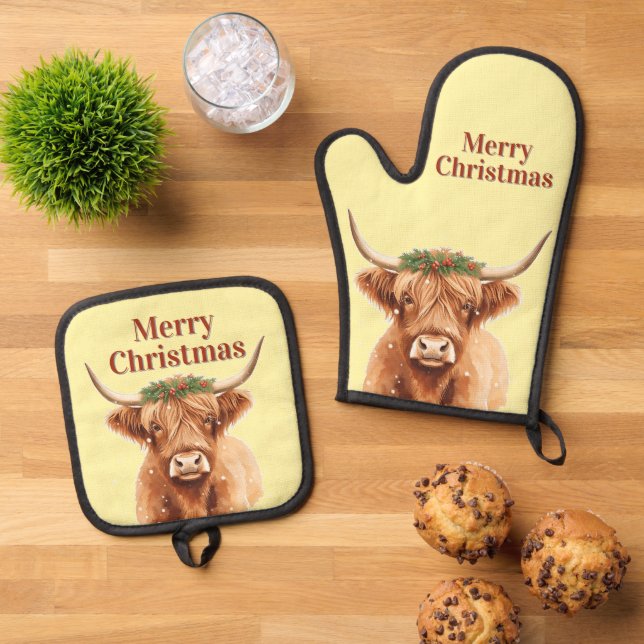 Merry Christmas Greenery Highland Miniature Cow Ofenhandschuh & Topflappen-Set (Oben Unten)