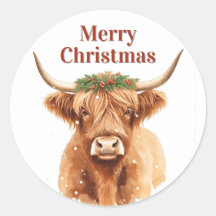 Merry Christmas Greenery Highland Miniature Cow