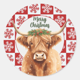 Merry Christmas Greenery Highland Miniature Cow Runder Aufkleber